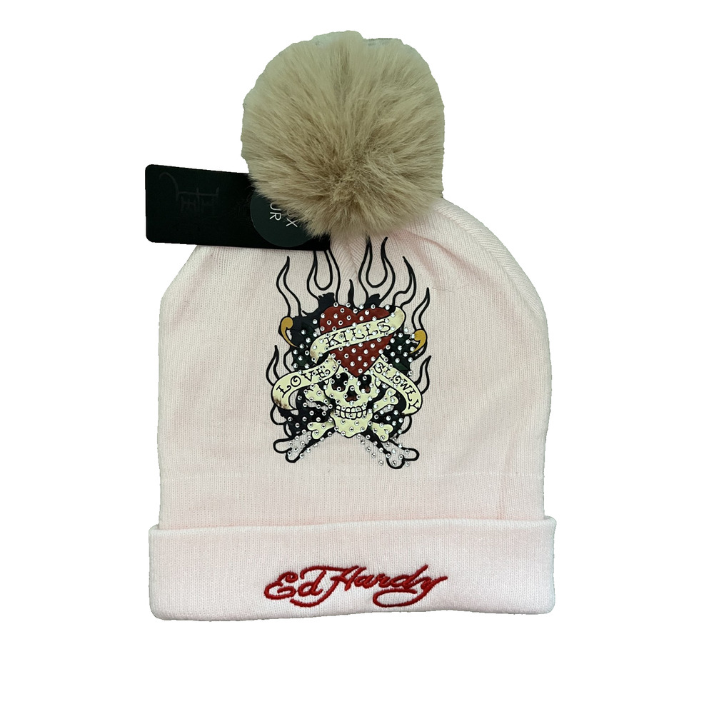 Women's Ed Hardy Pink One Size Winter Pom Pom Hat Rhinestones New With Tags